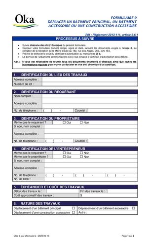 Règlement 2023-111 - FORMULAIRE 9 - Déplacer un bâtiment principal ou accessoire