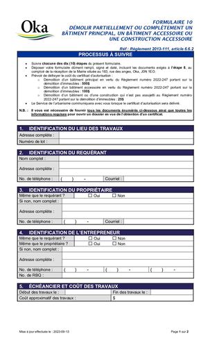 Règlement 2013-111 - FORMULAIRE 10 - Démolir partiellement ou complètement un bâtiment principal ou accessoire