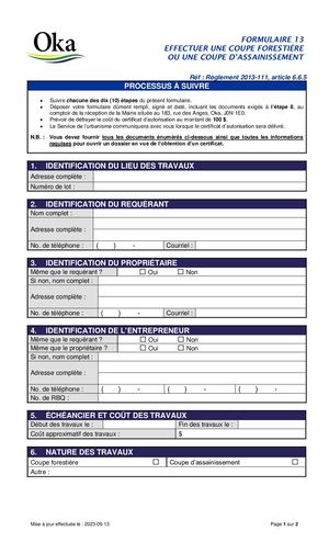 Règlement 2013-111 - FORMULAIRE 13 - Coupe forestière ou coupe d'assainissement