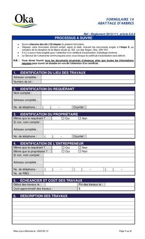 Règlement 2013-111 - FORMULAIRE 14 - Abattage d'arbres
