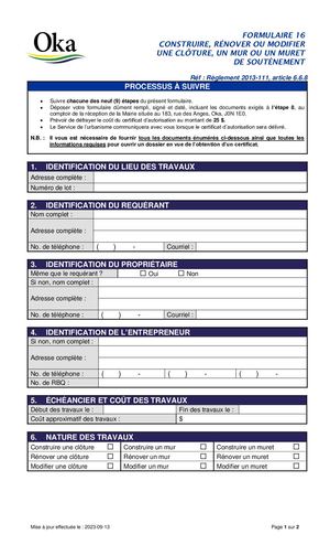 Règlement 2013-111 - FORMULAIRE 16 - Clôture, mur ou muret de soutènement