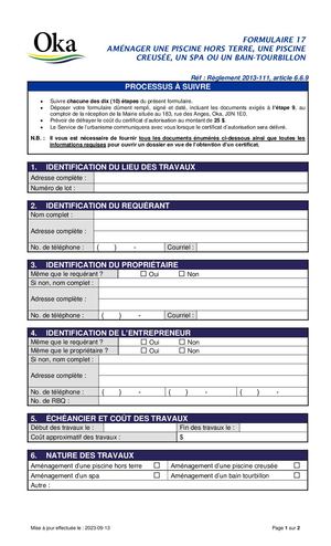 Règlement 2013-111 - FORMULAIRE 17 - Piscine hors terre ou creusée, spa ou bain-tourbillon