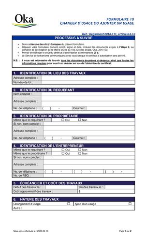 Règlement 2013-111 - FORMULAIRE 18 - Changement ou ajout d'usage