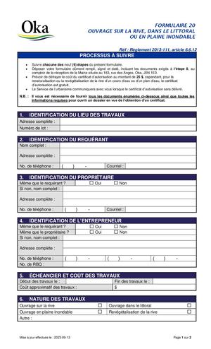 Règlement 2013-111 - FORMULAIRE 20 - Ouvrage sur la rive, dans le littoral ou en plaine inondable