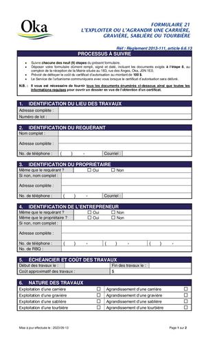 Règlement 2013-111 - FORMULAIRE 21 - Exploiter ou agrandir une carrière. gravière, sablière ou tourbière