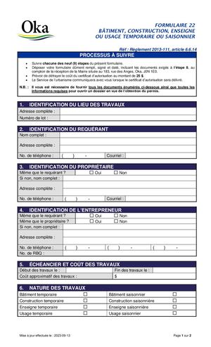 Règlement 2013-111 - FORMULAIRE 22 - Bâtiment, construction, enseigne ou usage temporaire ou saisonnier