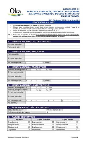 Règlement 2013-111 - FORMULAIRE 23 - Service d'aqueduc, d'égout sanitaire ou d'égout pluvial