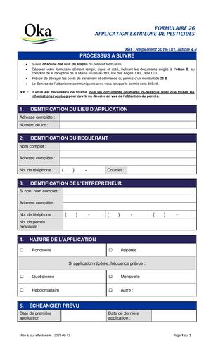 Règlement 2018-181 - FORMULAIRE 26 - Application extérieure de pesticides