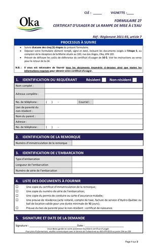 Règlement 2011-93 - FORMULAIRE 27 - Certificat d'usager pour la rampe de mise à l'eau