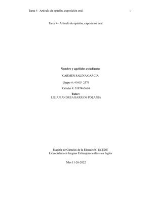 Tarea 4– Artículo de opinión, exposición oral.
