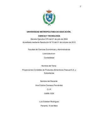 Proyecciones Contables De Productos Alimenticios Pascual