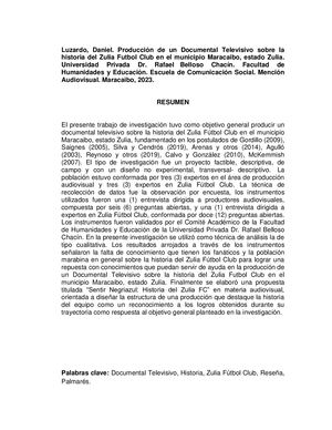 Producción De Un Documental Televisivo Sobre La Historia Del Zulia Futbol Club En El Municipio Maracaibo