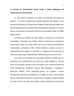 La Escuela De Comunicación Social Recibe La Orden Relámpago Del Catatumbo En Su 25 Aniversario