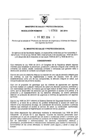 Resolucion 4568 De 2014 Protocolo De Atención De Urgencias A Victimas De Ataques Con Agentes Químicos