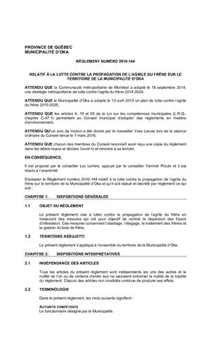 Règlement 2016-144 (Lutte contre l'agrile du frêne)