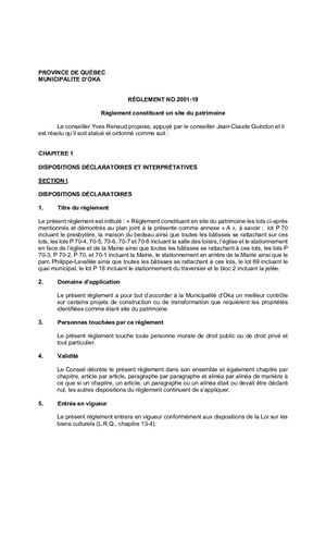 Règlement 2001 19 (Constituant Un Site Du Patrimoine)