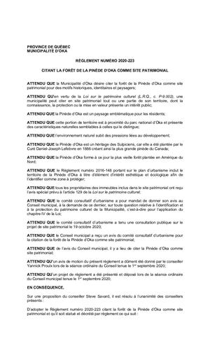 Règlement - 2020-223 (Citant la Pinède comme site patrimonial)