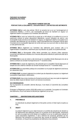 Règlement 2022-256 (Salubrité, occupation et entretien des bâtiments)
