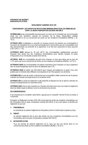 Règlement 2018-195 (Droits de mutations immobilière de plus 500 000$)