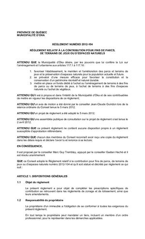 Règlement 2012-104 (Contribution pour fins de parcs, terrains de jeux et espaces naturels)
