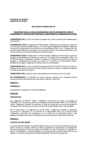 Règlement 2007-62 - Vente extérieure et sollicitation