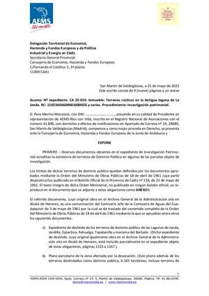 Alegación inicio de expediente de investigación de los terrenos en el paraje de la Laguna de La Janda (Cádiz.). Personación. 8 mayo de 2023
