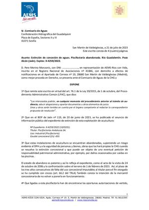 Alegación extinción de concesión de aguas. Piscifactoría abandonada. Río Guadalentín. Pozo Alcón (Jaén). 21 julio de 2023