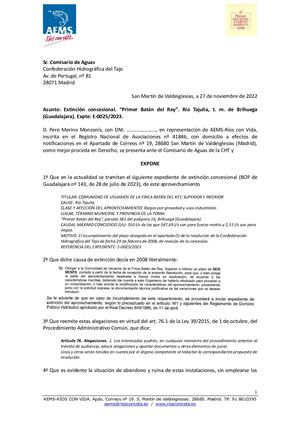 Alegación extinción concesional. "Primer Batán del Rey". Río Tajuña, t. m. de Brihuega (Guadalajara). 27 noviembre de 2023