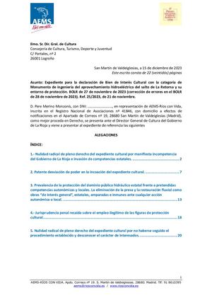 Alegación Expediente para la declaración de Bien de Interés Cultural con la categoría de Monumento de ingeniería del aprovechamiento hidroeléctrico del salto de La Retorna y su entorno de protección.15 diciembre de 2023