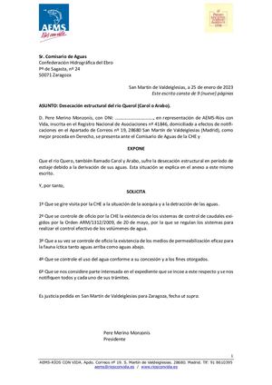 Denuncia desecación estructural del río Querol (Carol o Arabo). 25 enero de 2023