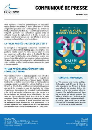 Communiqué de presse - Ville Apaisée à Soorts-Hossegor