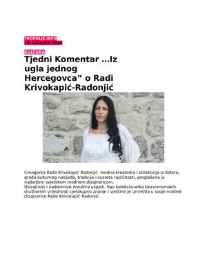 Tropolje Info: Tjedni Komentar …Iz ugla jednog Hercegovca” o Radi Krivokapić-Radonjić