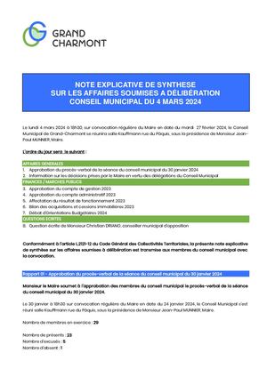 Note Explicative De Synthèse Du Conseil Municipal Du 4 Mars 2024