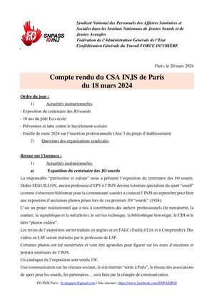 Compte rendu CSA INJS de Paris - 18 03 2024