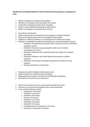 Planificación De Actividad Utilizando La Matriz De Eisenhower Para Preparar Un Programa De Clase