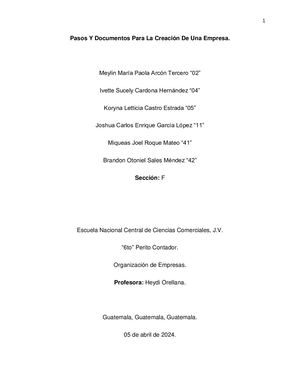 Pasos Y Documentos Para La Creación De Una Empresa Trabajo Grupal. Organización
