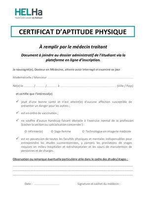 CERTIFICAT MEDICAL D’APTITUDES PHYSIQUE.