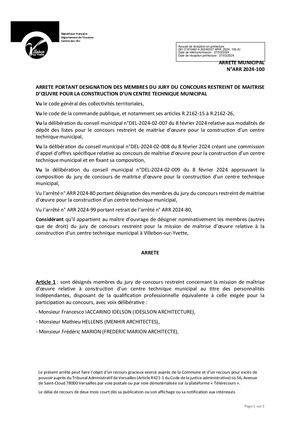 ARR 2024 100 Arrêté Portant Désignation Membres Jury Concours Restreint Maitrise D'oeuvre Pour Construction Centre Technique Municipal
