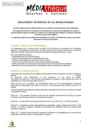 Règlement Intérieur De La Médiathèque Avec Annexes