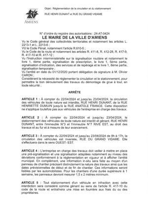 24 At 0424 Arrête De Réglementation De La Circulation Et Du Stationnement Rue Henri Dunant Et Rue Du Grand Vidame à Amiens Du 22 04 Au 23 04 2024