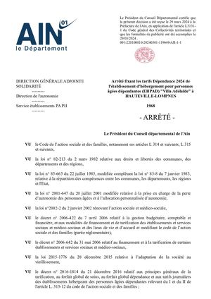 Arrêté Fixant Les Tarifs Dépendance 2024 De L'établissement D'hébergement Pour Personnes âgées Dépendantes EHPAD Villa Adélaïde à HAUTEVILLE LOMPNES