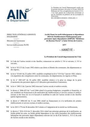 Arrêté Fixant Les Tarifs Hébergement Et Dépendance 2024 De L'établissement D'hébergement Pour Personnes âGées Dépendantes Ehpad Résidence Du Docteur Perret à Saint Trivier De Courtes