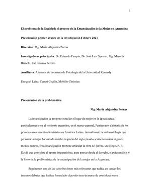 El problema de la Equidad: el proceso de la Emancipación de la Mujer en Argentina 1 Avance Investigación interdisciplinaria U. Kennedy Present Febrero 2021