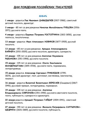 Dni Rozhdeniya Otechestvennyh Pisatelej