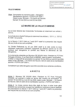 AR1-2024-00327 Arrête De Sonorisation Du Domaine Public, Stade Louise Michelet à Amiens, FC Porto Portugais D'Amiens, FCPPA Cup 2024, Du 18/05 Au 20/05/2024