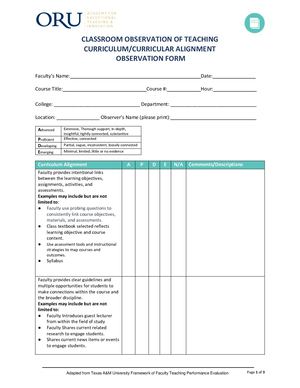 Oru Curriculum Alignment Classroom Observation Form