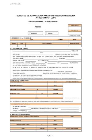 Formulario Solicitud De Permiso De Obra Provisoria Art 124 Lguc