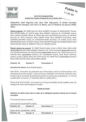 Consulter la séance du Conseil municipal de la Ville de Cahors du 25 Mars 2024