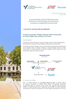 CP- Conférence De Presse Groupe Villages Clubs Du Soleil Vacancéole 4 Avril 2024