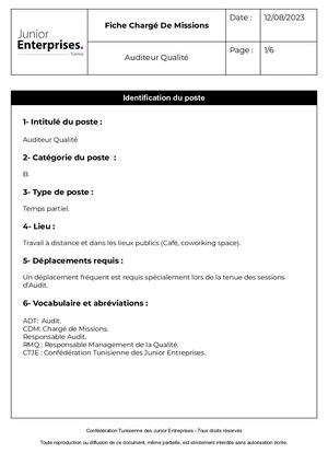 Fiche De Poste Cdm Auditeur Qualité